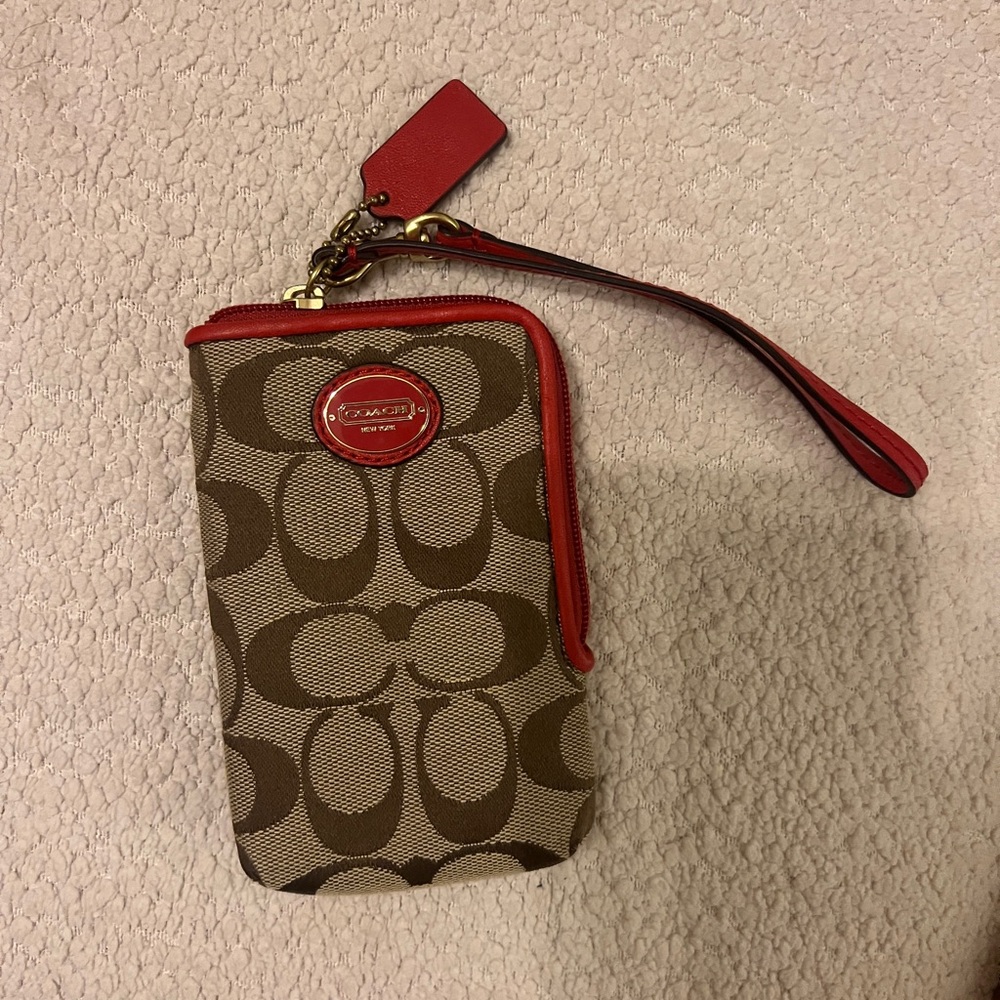 Coach Red and Brown Clutch with Signature Design
